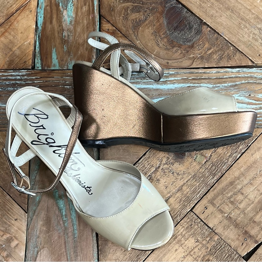Brighton Platform Wedge Sandals Peep Toe Ankle Strap Gold Beige Size 6